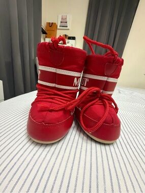 Moon Boot Red Kids Rain & Snow Boots with White Stripe